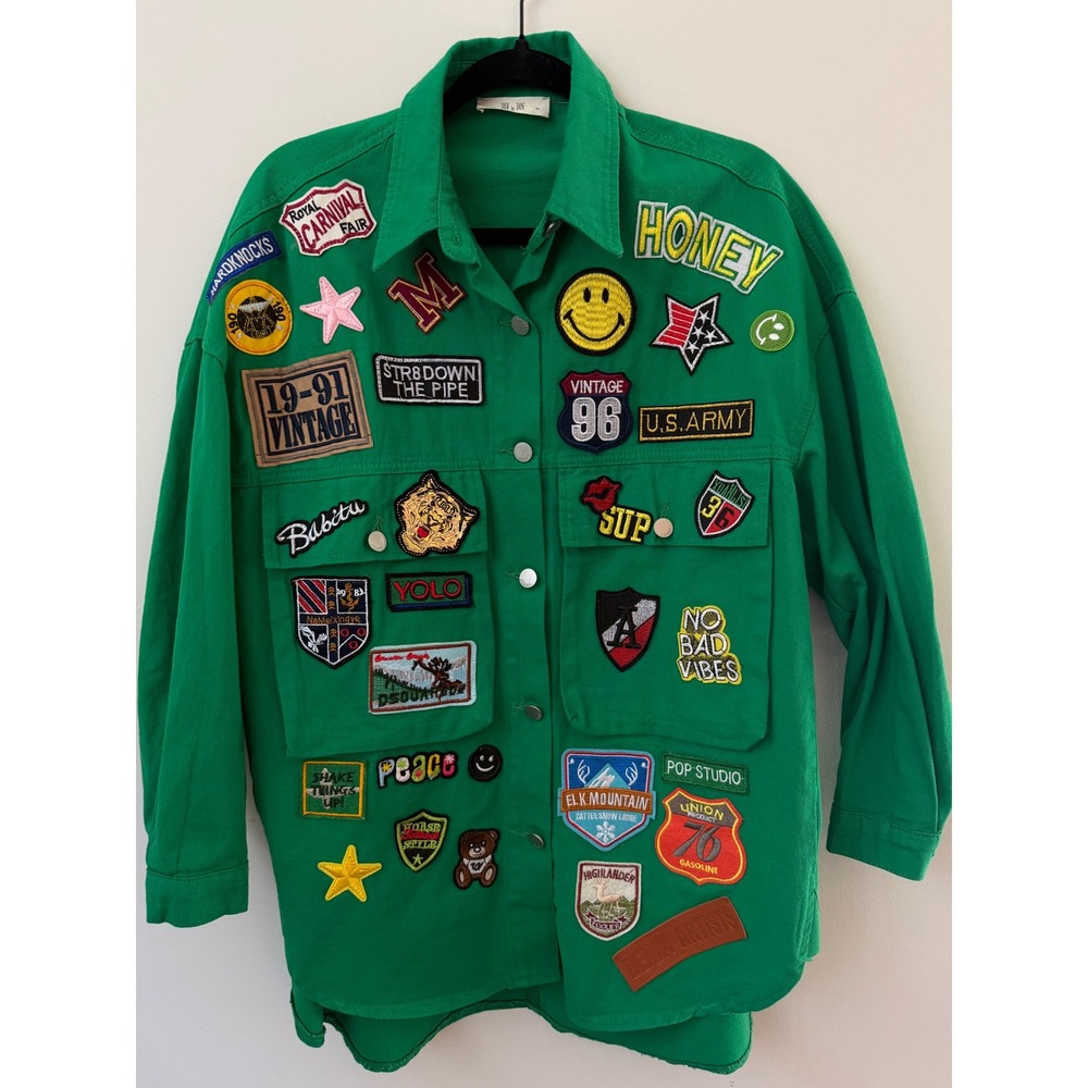 Jade by Jane Women's Medium Green Patch Button-Up Oversized Shirt